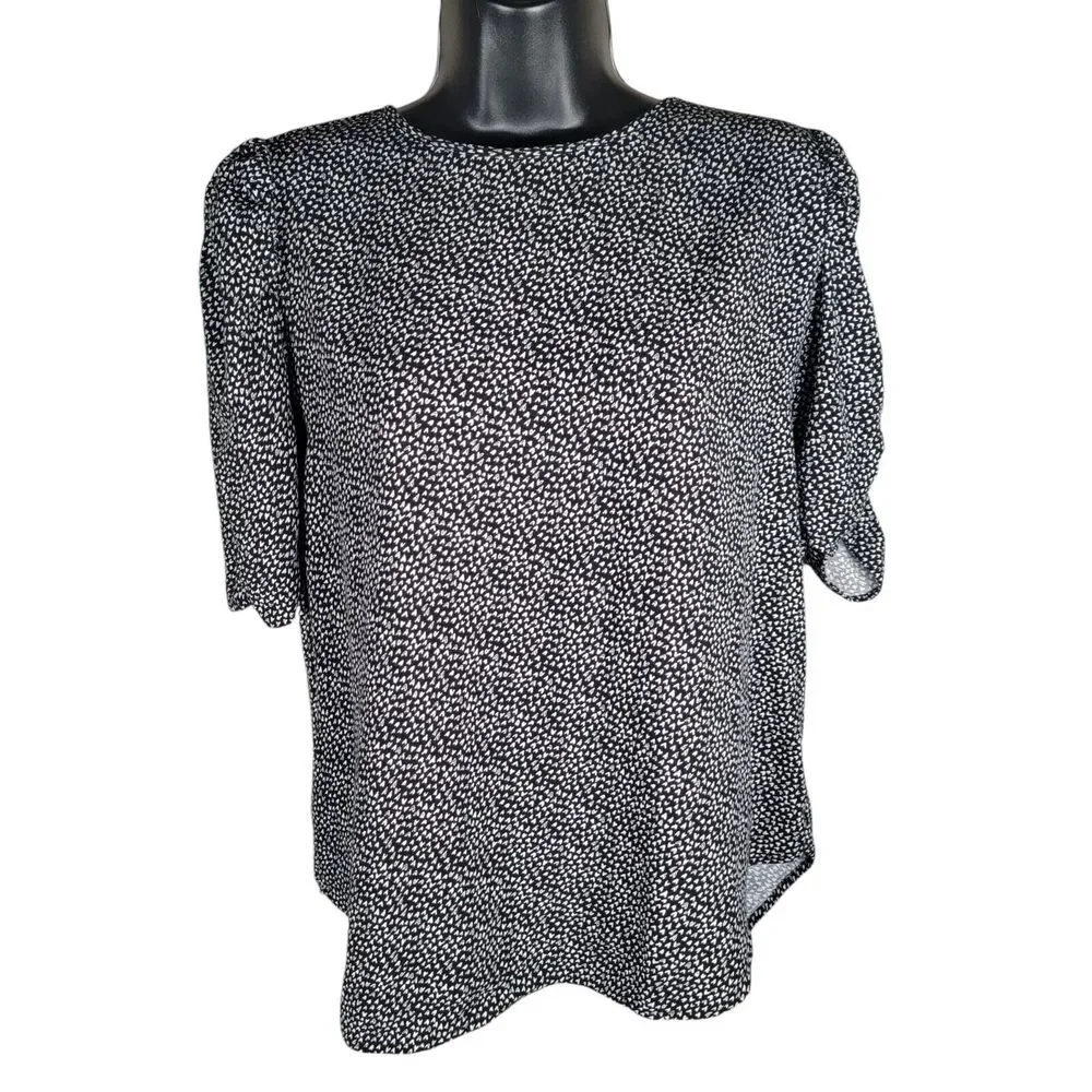 Loft Womens Size‎ Small Black White Heart Print Puff Sleeve Blouse Top